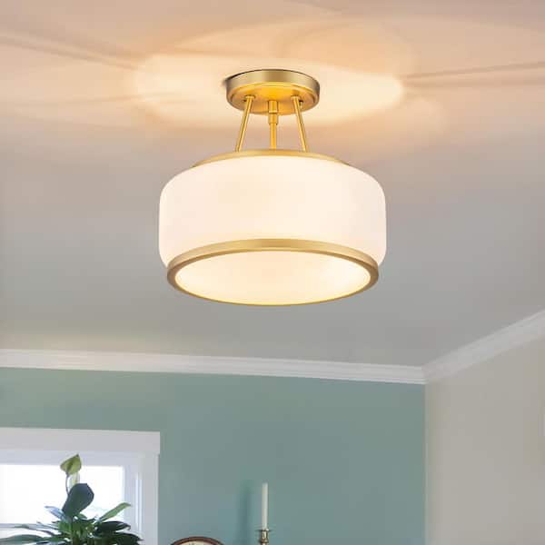 12 in. 3-light Drum Brushed Gold Semi-Flush Mount with Frosted Glass for Foyer Kitchen Bedroom
