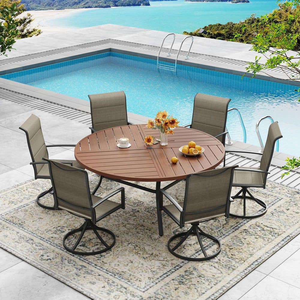 7-Piece Metal Textilene Outdoor Patio Dining Set with 53.1 in. Walnut Round Table and 6 Swivel Dining Chairs in Brown