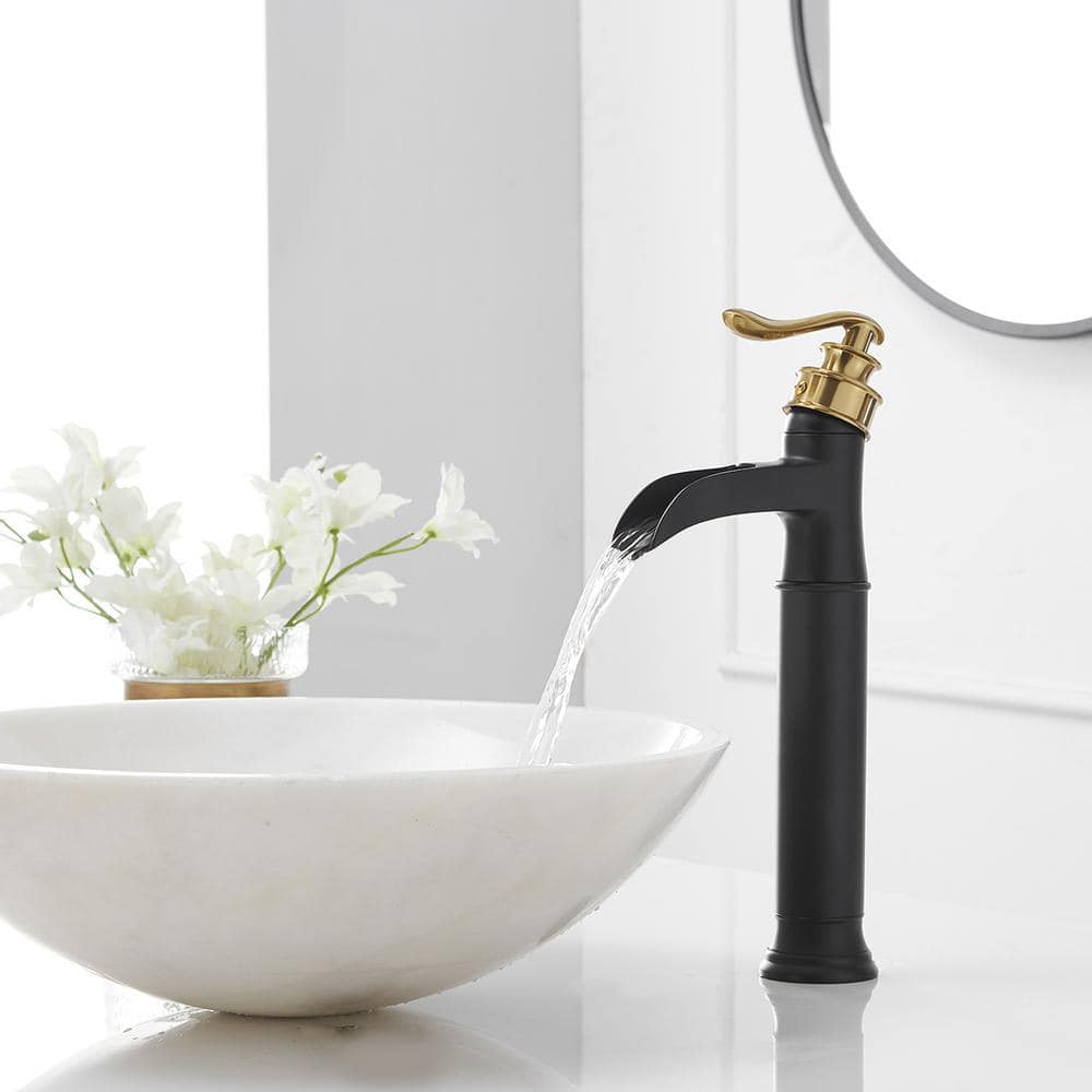 Gold and Matte Black Waterfall Vessel Sink Faucet with Lever Handle
