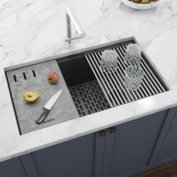EpiStage 33 in. Undermount Single Bowl Kitchen Sink in Urban Gray Granite Quartz Composite with Offset Drain
