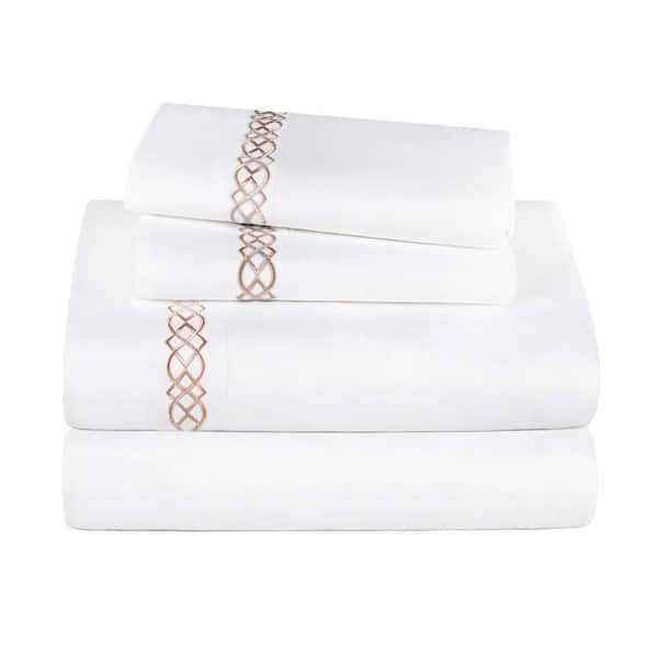 1000 Thread Count 4-Piece White-Tan Embroidered Egyptian Cotton Deep Pocket California King Sheet Set