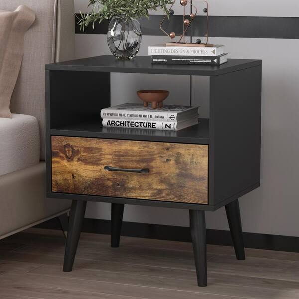 FUFU&GAGA 1-Drawer Black Wood Nightstand With Open Shelf, Side