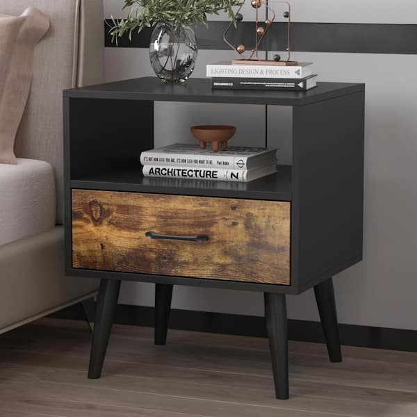 FUFU&GAGA 1-Drawer Black Wood Nightstand With Open Shelf, Side Table Bedside Table 23.6"H x 19.7"W x 15.7"D