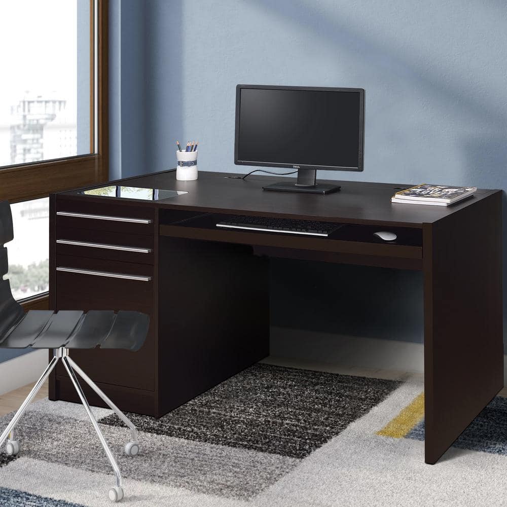 Modern Brown MDF Wood Desk with Keyboard Tray and Power Outlet