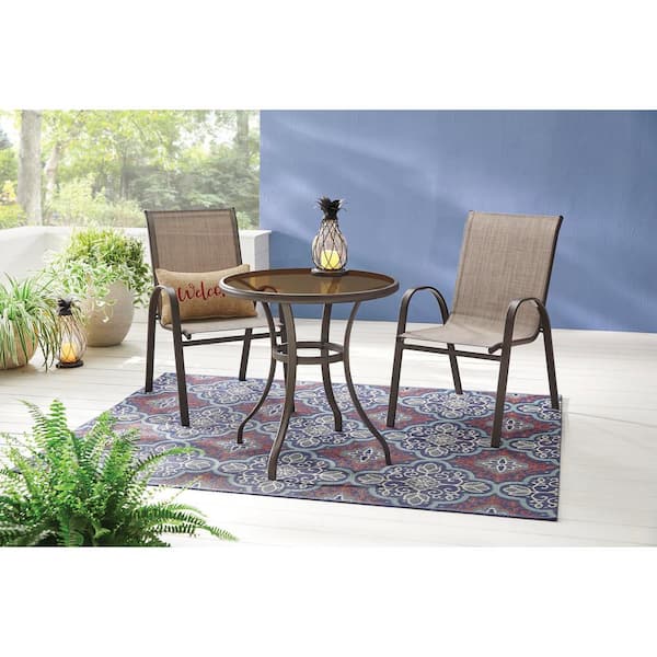 28 in. Mix and Match Round Steel Outdoor Patio Bistro Table with Glass Top