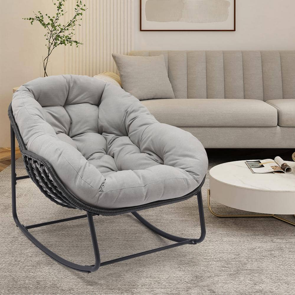 Cesicia Grey Metal Outdoor Rocking Chair with Light Grey Cushions ...