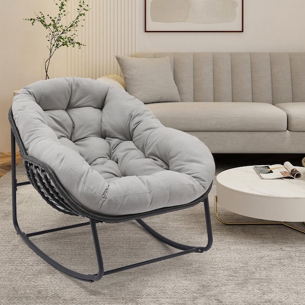 Cesicia Grey Metal Outdoor Rocking Chair with Light Grey Cushions