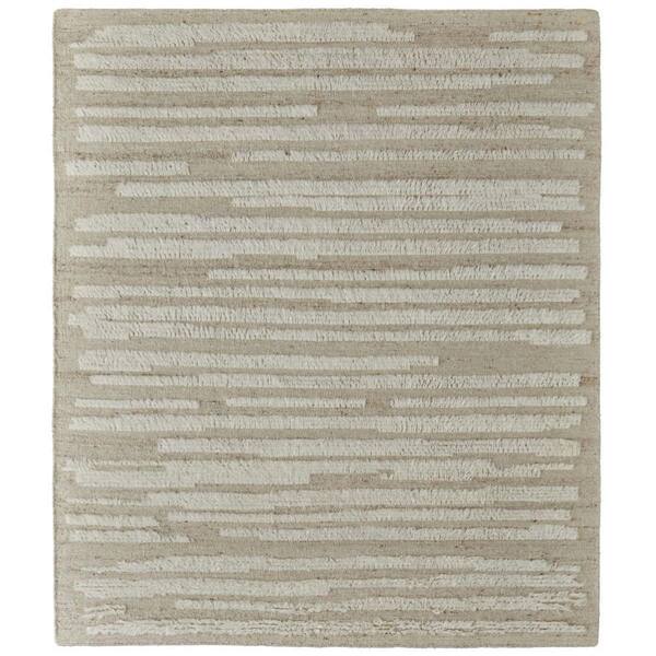 6' X 9' White and Tan Wool Striped Hand Woven Area Rug