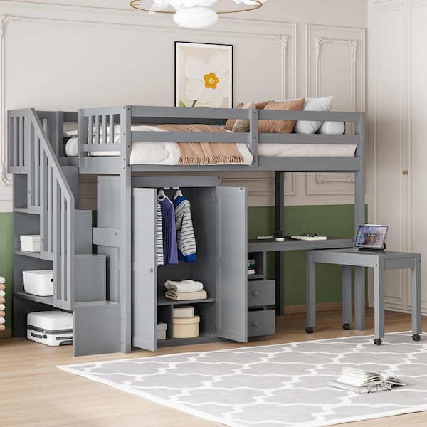 Polibi Gray Twin Size Wood Loft Bed with Stairs, Bookshelf, Drawers, Desk and Wardrobe