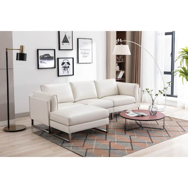 Morden Fort 103 in. W Leather Sectional Sofa and Matching Footrest in. White YH-7302