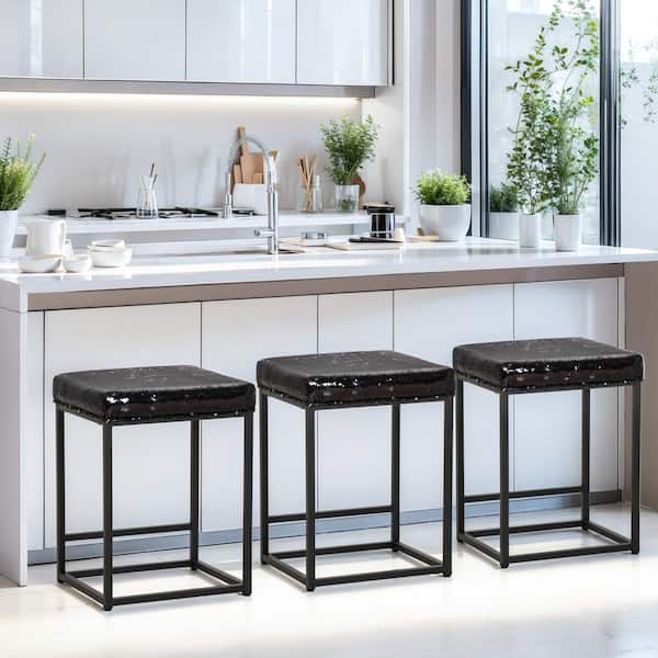 24 in. Black, White Scale-Like Rectangular Cushion Backless Bar Stool Metal Steel Frame Base with Footrest (Set-3)