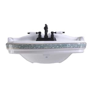 5 in. D India Reserve Bathroom Pedestal Sink Basin in White Ceramic with Green and Gold Accents