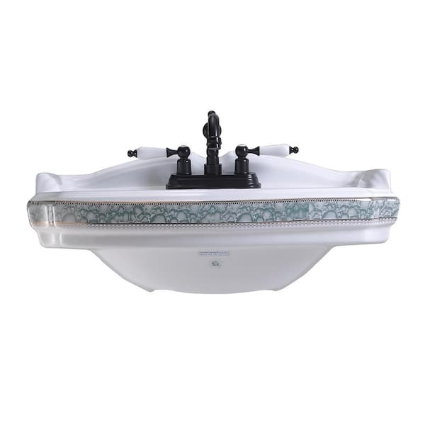 RENOVATORS SUPPLY MANUFACTURING 5 in. D India Reserve Bathroom Pedestal Sink Basin in White Ceramic with Green and Gold Accents