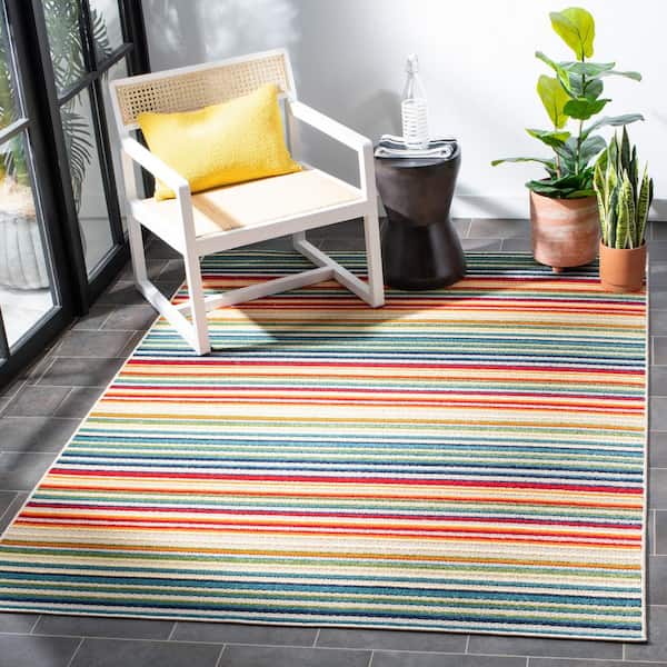 Cabana Ivory/Green 5 ft. x 5 ft. Striped Indoor/Outdoor Square Area Rug