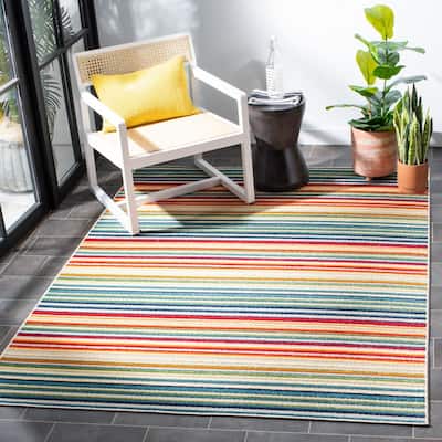 Cabana Ivory/Green 7 ft. x 7 ft. Striped Indoor/Outdoor Square Area Rug