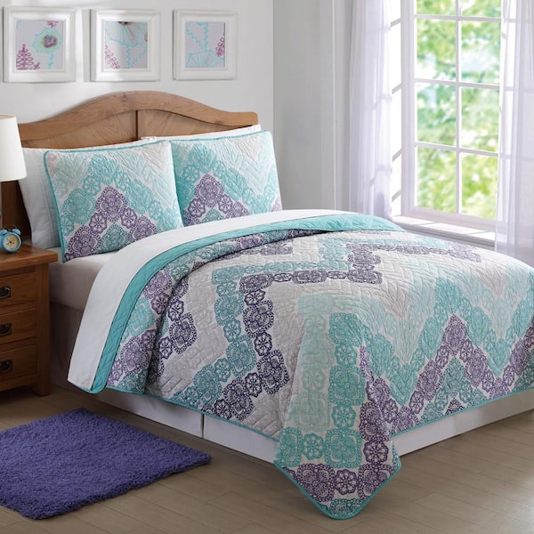 Unbranded Antique Lace Chevron 3-Piece Purple and Teal Full and Queen Quilt Set