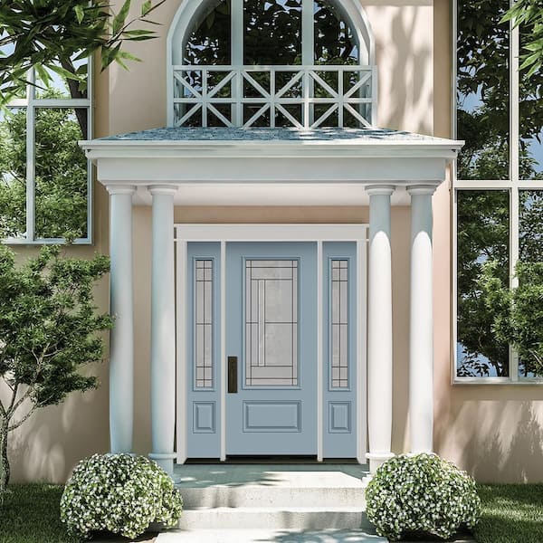 60 in. x 80 in. Right-Hand 3/4-Lite Decorative Glass Atherton Light Blue Paint Fiberglass Prehung Front Door w/Sidelites