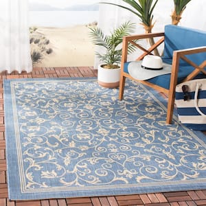 Courtyard Blue/Natural 8 ft. x 8 ft. Square Border Indoor/Outdoor Patio  Area Rug