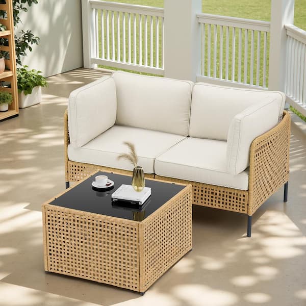 Buenaola Nyajiah 3-Piece Yellow Wicker Outdoor Sectional Sofa Set with Beige Cushions, 2 Corner Chairs, 1 Coffee Table
