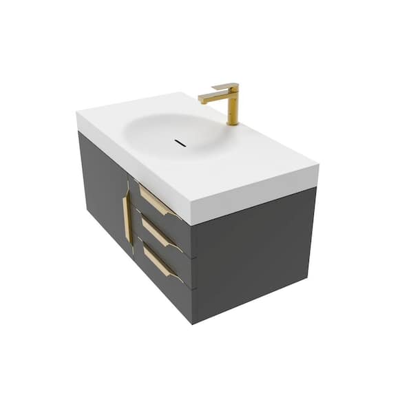 castellousa Thames 36 in. W x 19 in. D x 16.25 H Single Floating Bath Vanity in Matte Black with Gold Trim with White Top