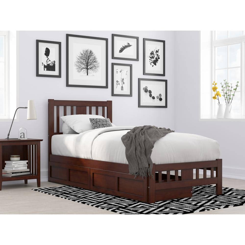 Walnut Wood Twin XL Bed with Headboard and 2 Drawers