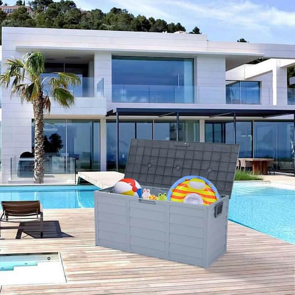 75 gal. Gray Resin Deck Box, Outdoor Storage Shed Bin, All Weather UV Pool Deck Box, Garden Tools