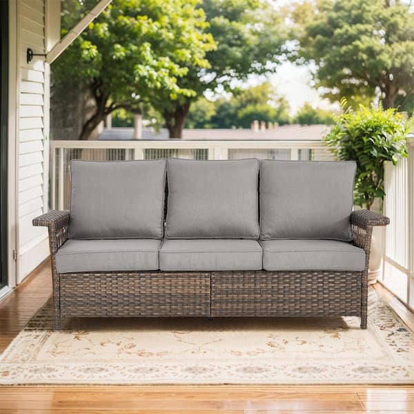moosprr Modern 3-Seat Brown PE Wicker Outdoor Couch with Olefin Gray Cushions and Seagull Armrest