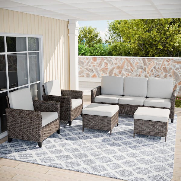 COOS BAY Brown Rattan Wicker 5-Piece Outdoor Patio Conversation Set with Cushions, Patio Chairs with Ottomans