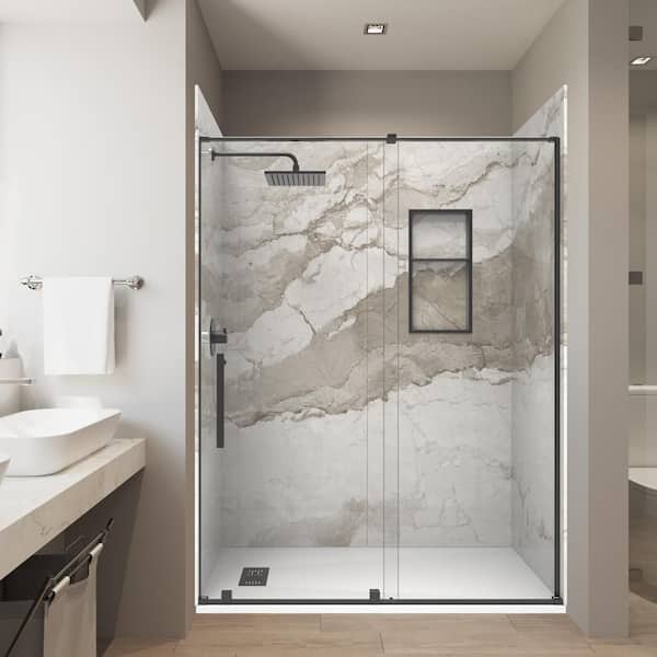 ItalianBeige 32in. x60in.x 84in. Solid Composite Stone Alcove Shower Combo Kit Matching Matte Black Door,Niche and Drain