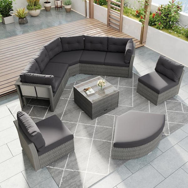 JimsMaison 8-Piece Wicker Patio Conversation Set with Gray Cushions
