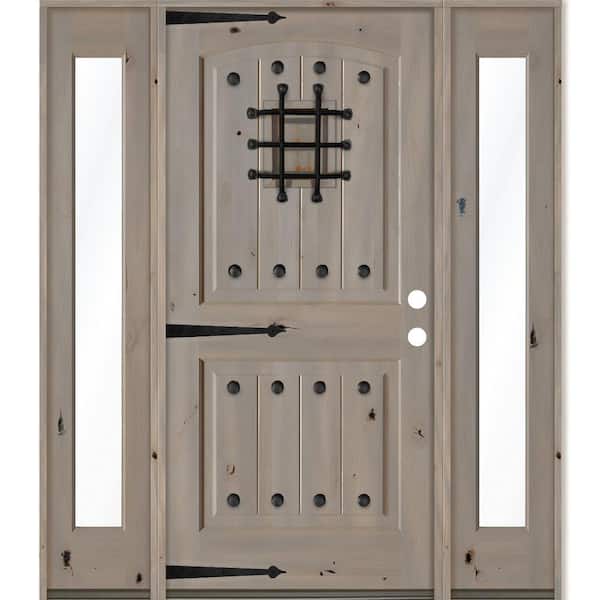 Krosswood Doors 60 in. x 80 in. Mediterranean Knotty Alder Left-Hand/Inswing Clear Glass Grey Stain Wood Prehung Front Door w/DFSL