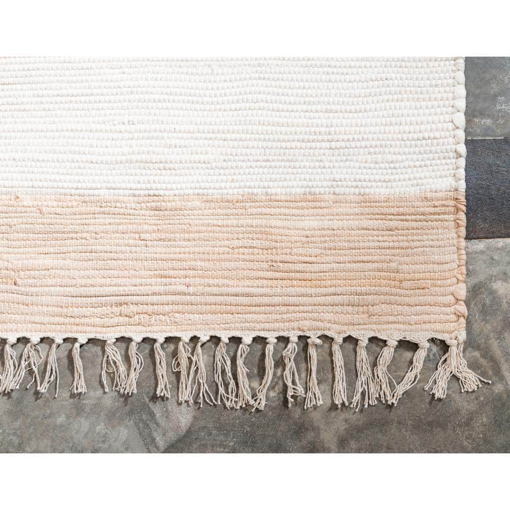 Handwoven Beige Stripe Braided Chindi Rag Rug 9' x 12'