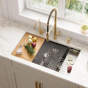 QUWS-880 Quartz/Granite 32-1/2 in. Double Bowl Undermount Workstation Kitchen Sink in Black