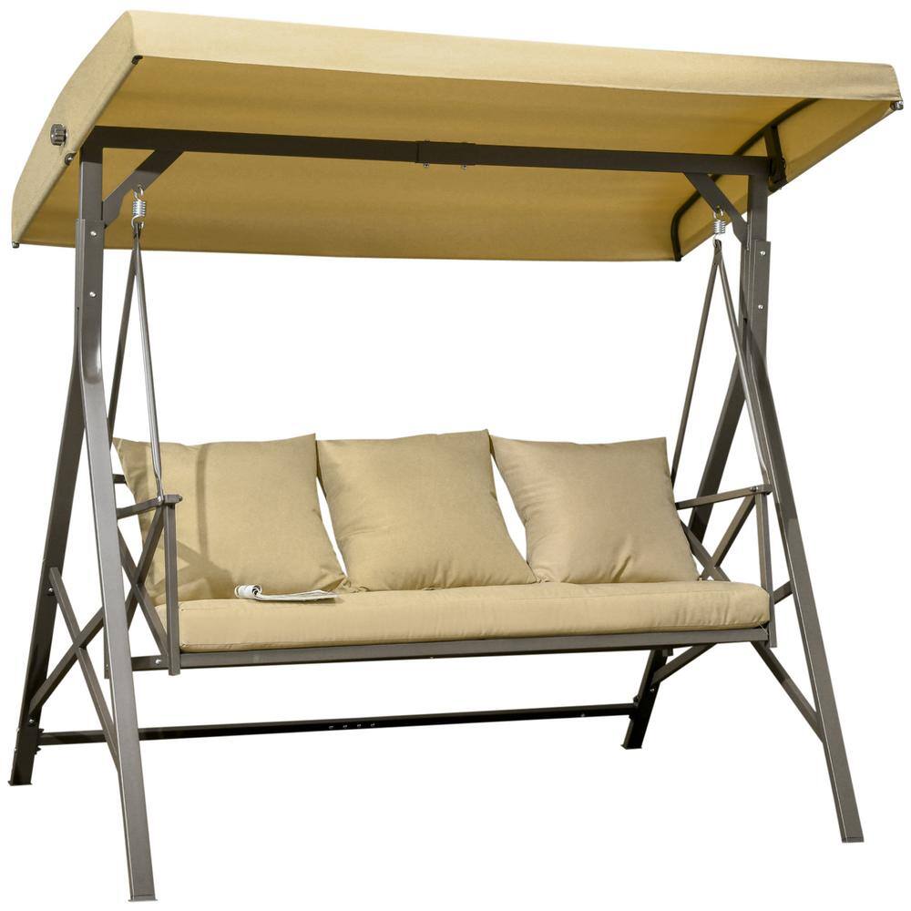 3-Person Khaki Metal Adjustable Patio Swing with Cushions, Pillows and Canopy for Porch, Garden, Poolside, Backyard price history on PriceWatchPro