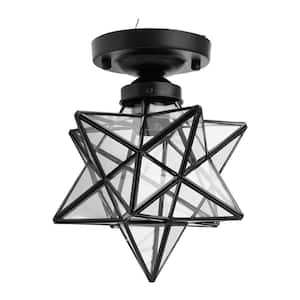 7.68 in. 1-Light Black Modern Moravian Star Semi-Flush Mount Ceiling Light with Clear Glass Shade and No Bulbs Included