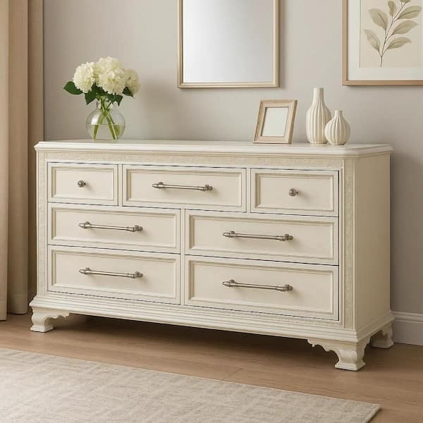 Miamy Creamy White and Silver 7-Drawer 66.5 in. Dresser without Mirror