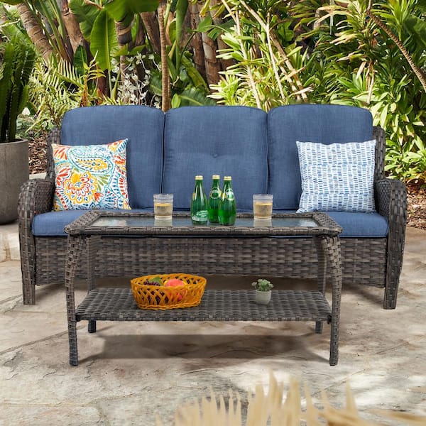 Joyside Patio Sofa, All Weather Outdoor Rattan Wicker 3-Seat Sofa High Back  Couch with Premium Cushions for Garden Backyard Porch(Brown/Light Blue)