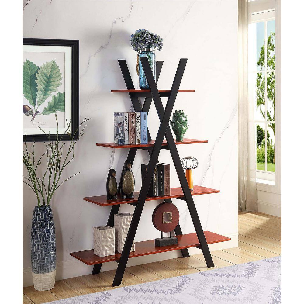 Cherry and Black Wood A-Frame Ladder Bookshelf