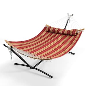 132 in. Hammock Bed with Stand Heavy-Duty Portable Carrying Bag Cushion Pillow Red