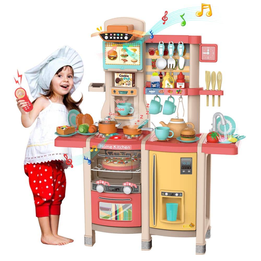 Vintage Wooden Play Kitchen with Pretend Ice Maker and Play Phone, Pink