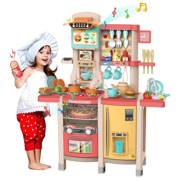 Kitsin Kids Kitchen Set, Pretend Wooden Play Kitchen Includes 20 Pcs  Cookware Accessories with Real Lights & Sounds