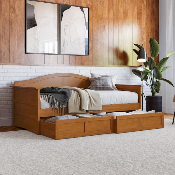 Acadia Light Toffee Natural Bronze Twin Solid Wood Daybed with Set of 2 Bed Drawers