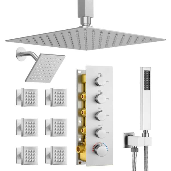 Single Handle 4 -Spray Thermostatic Dual Shower Head System 1.8 GPM with Body Jets, Shower Faucet in Brushed Nickel