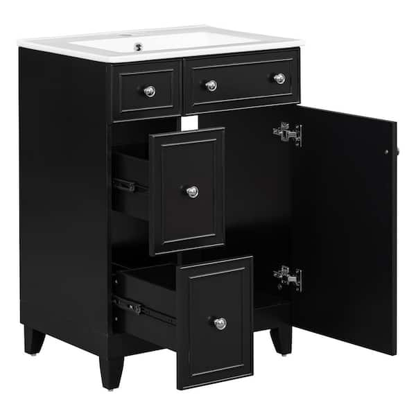 24 in. W Single Sink Freestanding Bath Vanity in Black with White Ceramic Top and 2 Drawers