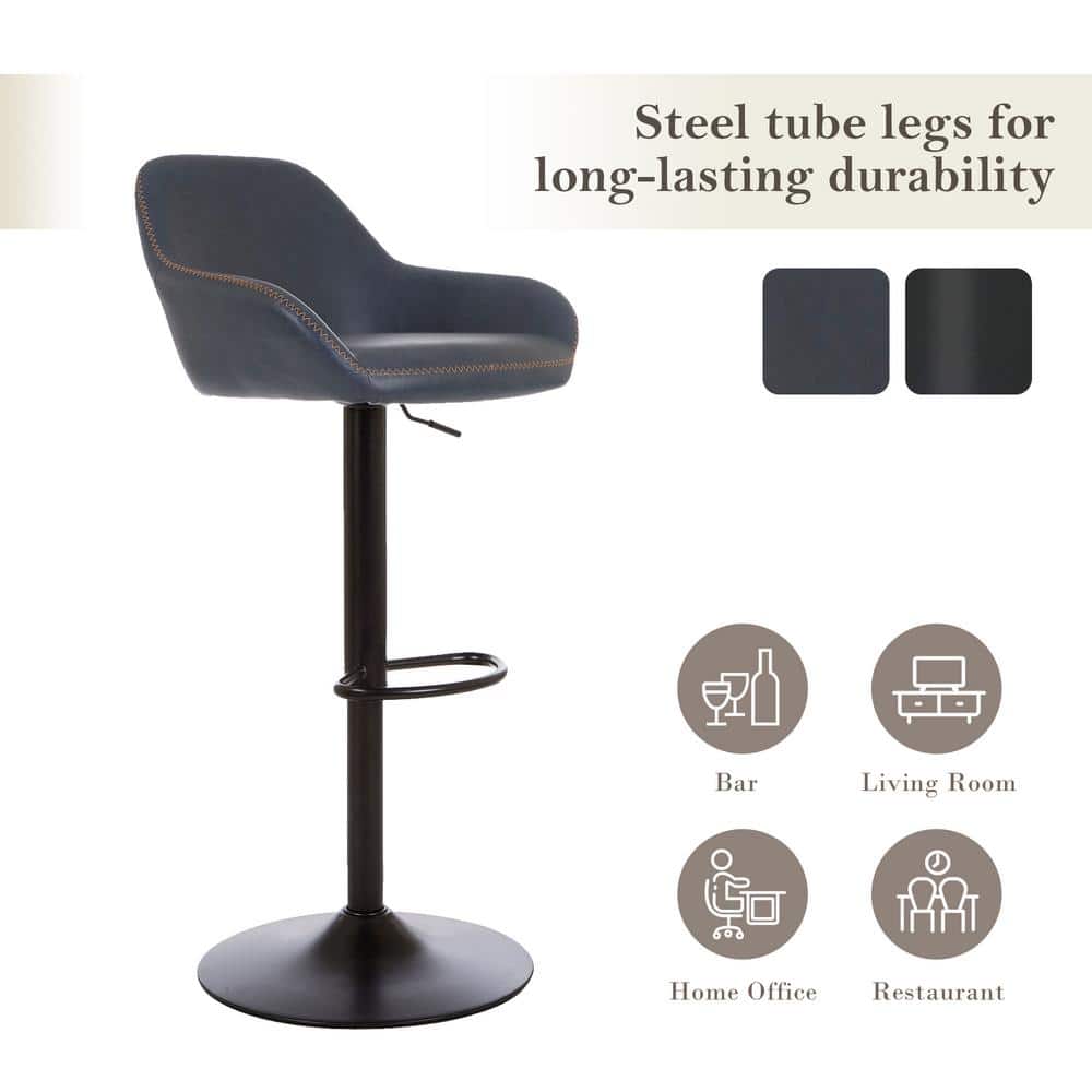 Navy Blue Faux Leather Adjustable Swivel Bar Stool Set