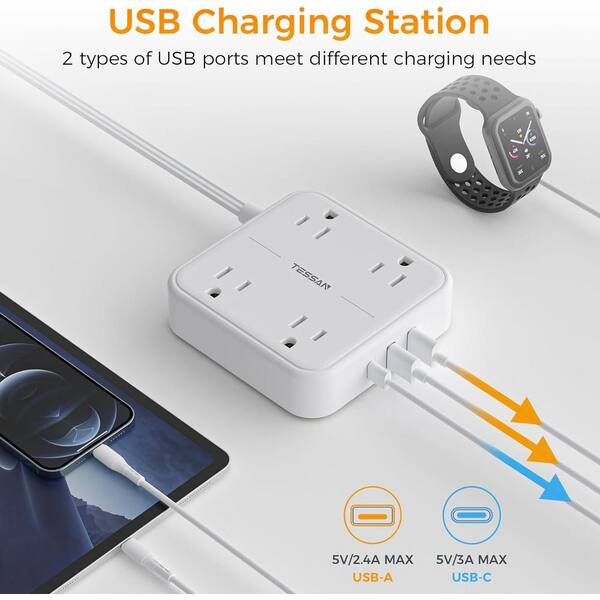 TESSAN Wireless Charger Power Strip 4 ft Extension Cord with 2 Outlets 2 USB Ports