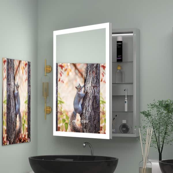 24 in. W x 30 in. H Rectangular Silver Aluminum Recessed/Surface Mount Left Medicine Cabinet with Mirror LED and Clock