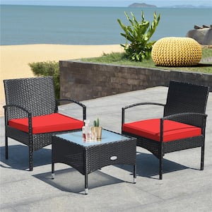 3 -Piece Patio Wicker Rattan Furniture Set Coffee Table and 2 Rattan Chair with Red Cushion