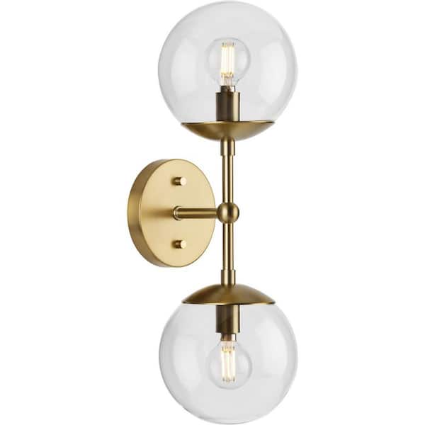 Progress Lighting Atwell Collection 6 in. 2-Light Brushed Bronze Mid-Century Modern Wall Sconce with Clear Glass Shade