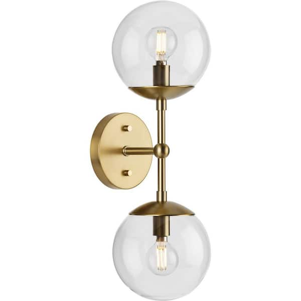 Progress Lighting Atwell Collection 6 in. 2-Light Brushed Bronze Mid-Century Modern Wall Sconce with Clear Glass Shade